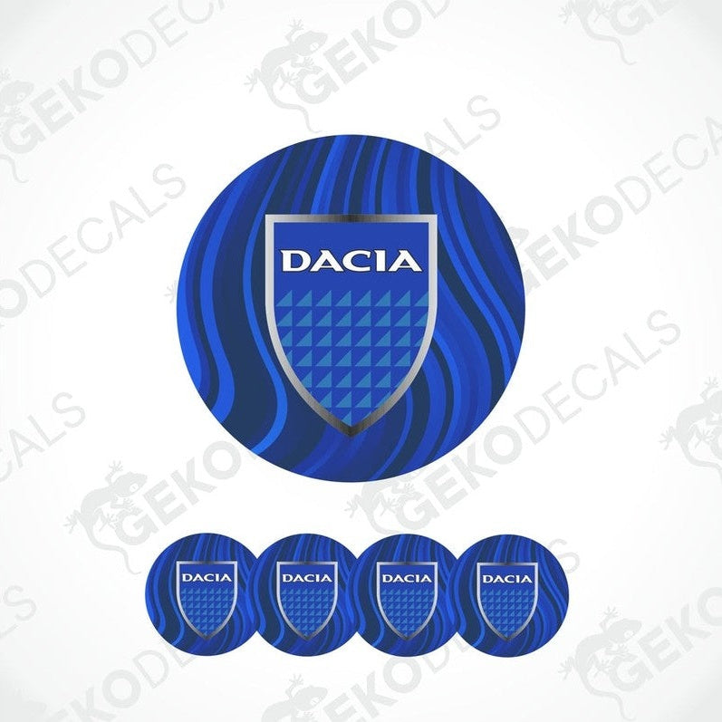 A set of vinyl decals with the DACIA logo, displayed on a blue background representing car stickers.