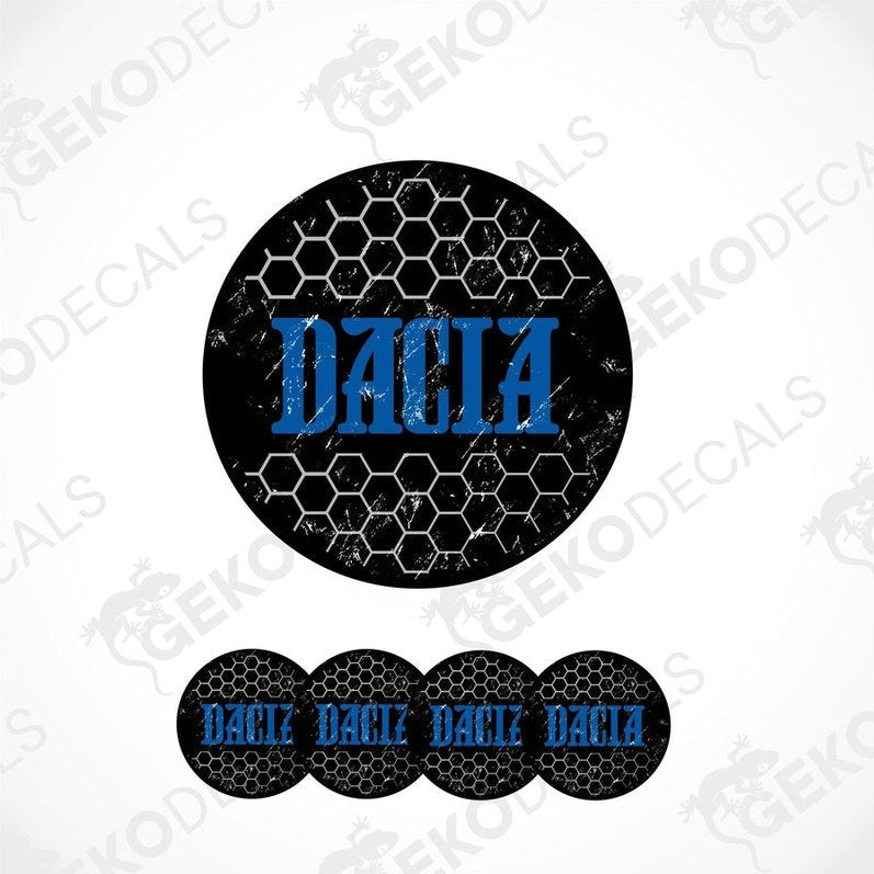 A set of vinyl decals with 'DACIA' branding, presented in a circular arrangement against a white background.
