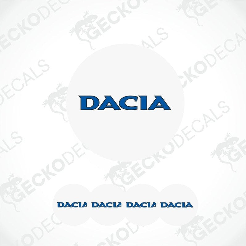 A set of white vinyl decals with the DACIA logo, including four different sizes.