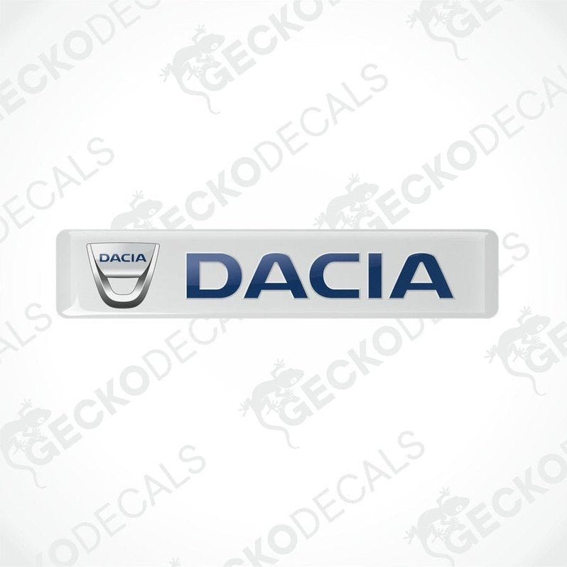 White vinyl stickers with the word 'DACIA' printed in blue, placed against a white background.