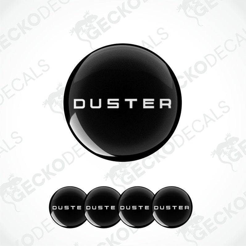 A set of four black vinyl stickers with the word 'DUSTER' written on them, arranged in a stacked fashion with the Gecko Decals logo at the bottom.