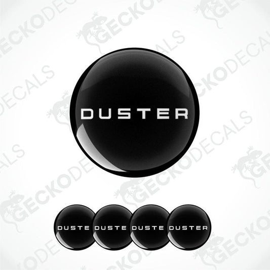 A set of four black vinyl stickers with the word 'DUSTER' written on them, arranged in a stacked fashion with the Gecko Decals logo at the bottom.