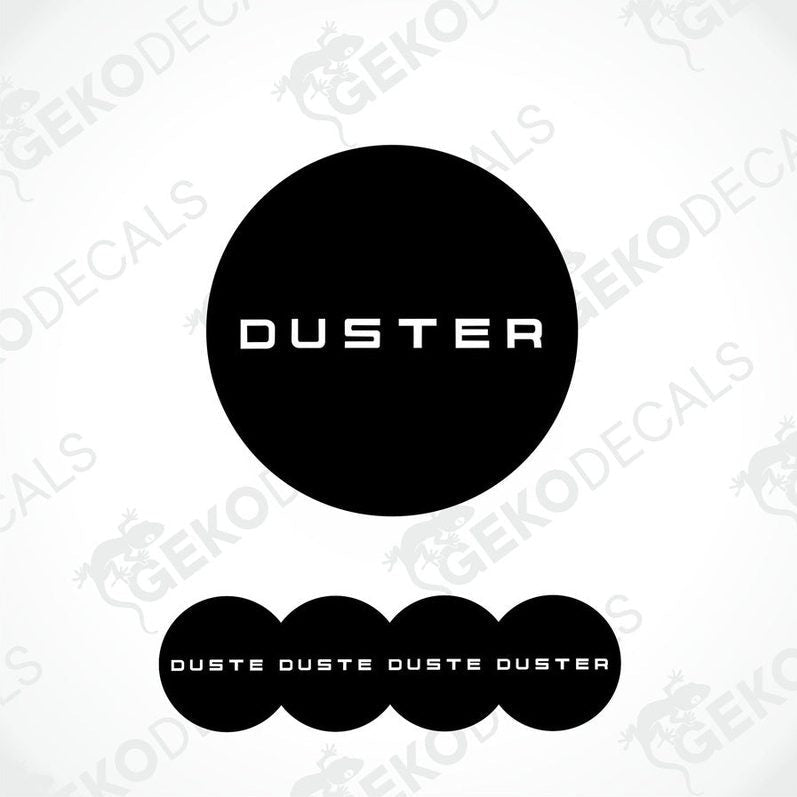 A set of four black vinyl stickers with the word 'DUSTER' written on them, arranged in a stacked fashion with the Gecko Decals logo at the bottom.