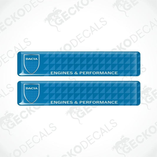 Two blue vinyl decals with the DACIA logo and the text 'ENGINES & PERFORMANCE', with a geometric pattern background.