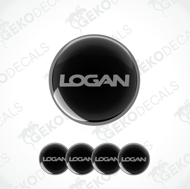 A set of four black vinyl stickers with the word 'LOGAN' printed on them, arranged in a circular pattern with a Gecko Decals logo in the background.