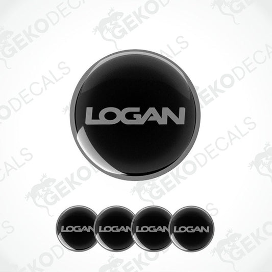 A set of four black vinyl stickers with the word 'LOGAN' printed on them, arranged in a circular pattern with a Gecko Decals logo in the background.