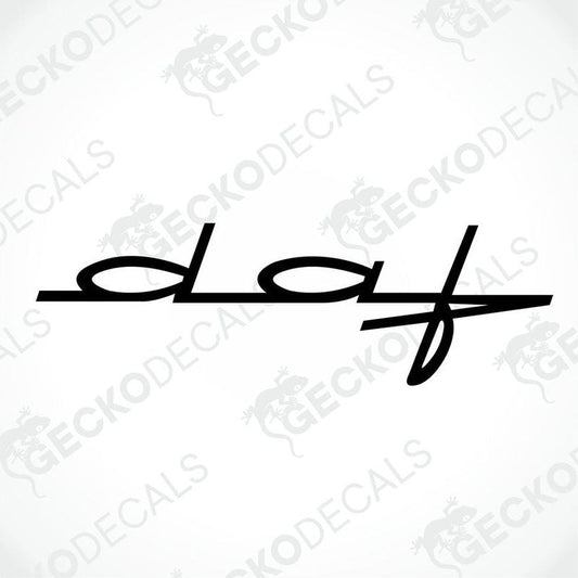 A decal of the DAF logo, primarily black in color, designed for use on vehicles or other surfaces.