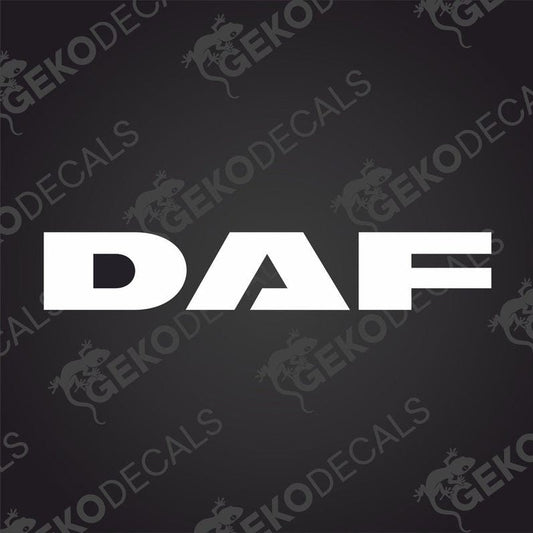 A white die cut sticker with the DAF brand logo, suitable for vehicle decoration.