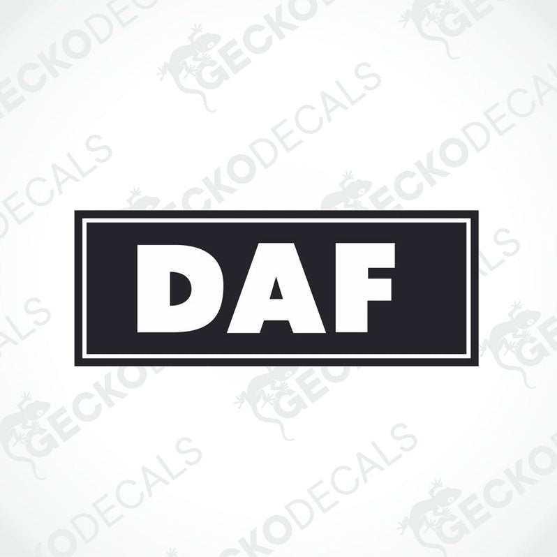 A black and white die cut sticker with the letters 'DAF' in bold capital letters, surrounded by a border and the Gecko Decals logo at the bottom.