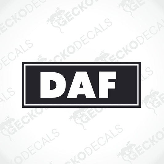 A black and white die cut sticker with the letters 'DAF' in bold capital letters, surrounded by a border and the Gecko Decals logo at the bottom.