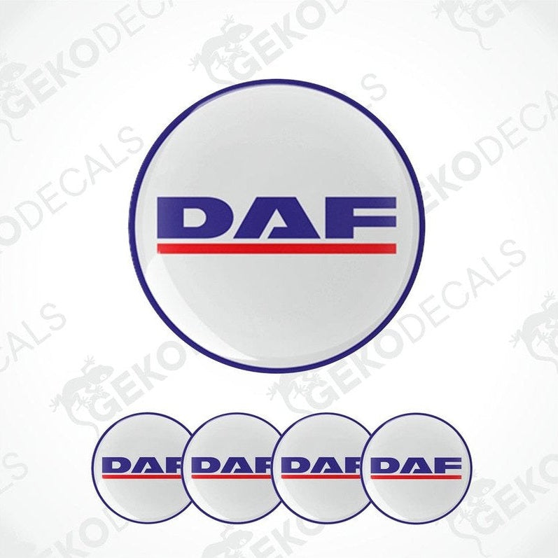 A set of four round vinyl stickers with a DAF logo design, including a blue and red color scheme on a white background.