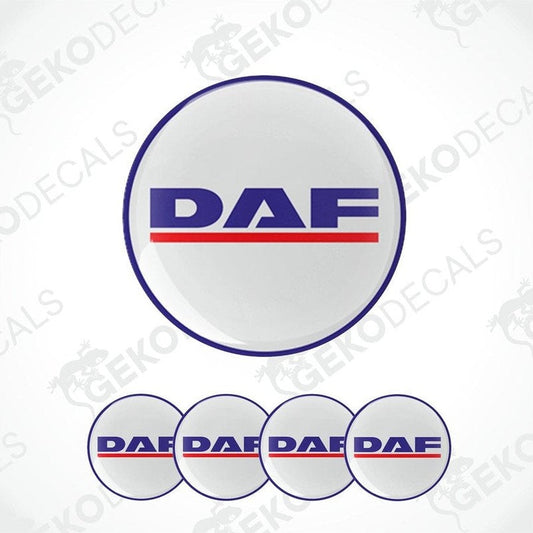 A set of four round vinyl stickers with a DAF logo design, including a blue and red color scheme on a white background.