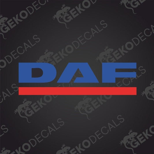 A decal with the letters DAF in blue and a red line beneath them.