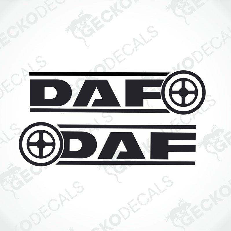 Two black decals with the DAF logo, designed for use on vehicles.