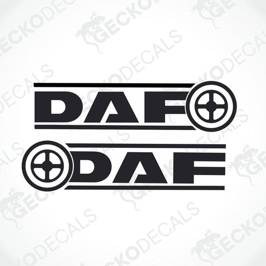 Two black decals with the DAF logo, designed for use on vehicles.