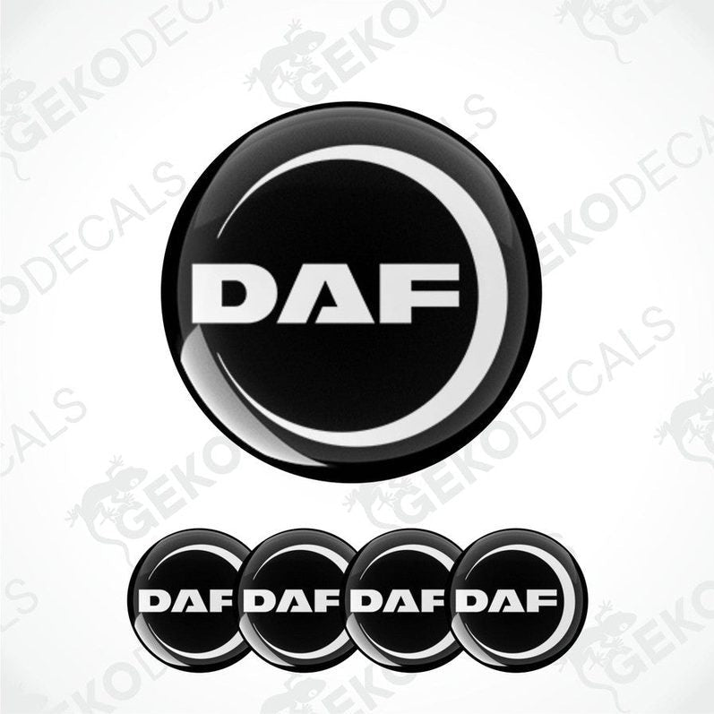 A set of black vinyl decals with the 'DAF' logo in white, including four different designs featuring variations of the logo.