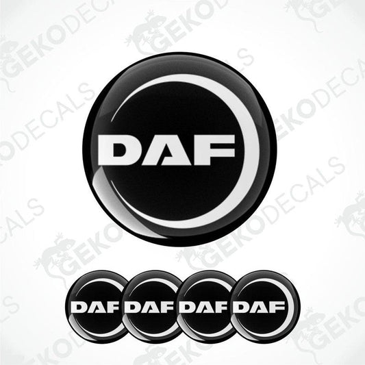 A set of black vinyl decals with the 'DAF' logo in white, including four different designs featuring variations of the logo.