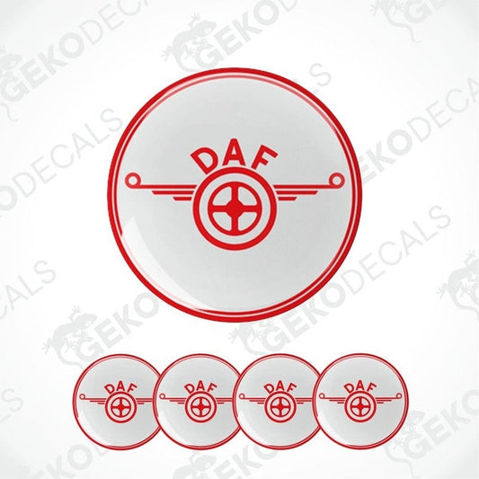 A set of four red vinyl stickers with a white 'DAF' logo, designed for use on vehicle wheel caps.