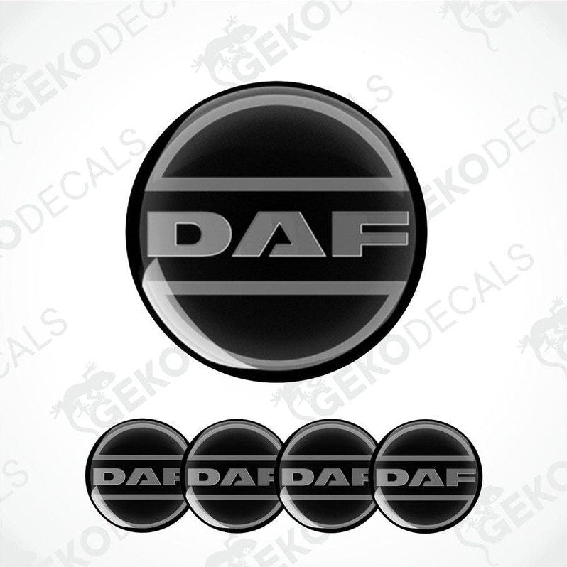 A set of black vinyl decals with the 'DAF' logo, intended for use on vehicle wheels.