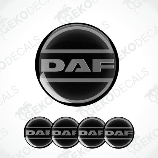 A set of black vinyl decals with the 'DAF' logo, intended for use on vehicle wheels.