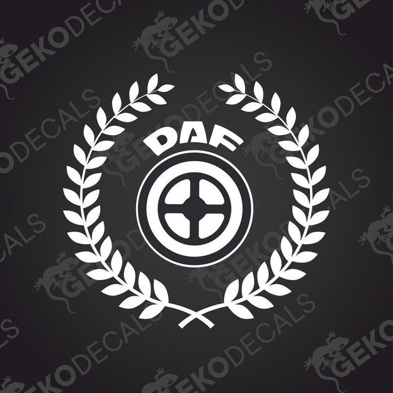 A die cut decal with a laurel wreath surrounding the letters 'DAF' in the center, presented on a black background.