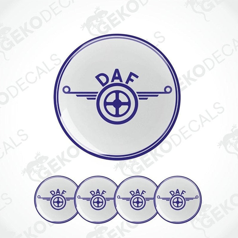 A set of four blue vinyl stickers with a white 'DAF' logo, designed for use on vehicle wheel caps.