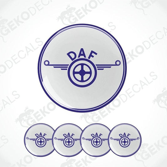 A set of four blue vinyl stickers with a white 'DAF' logo, designed for use on vehicle wheel caps.
