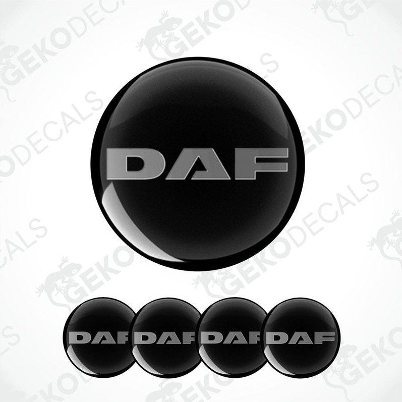 A set of four black vinyl stickers with the word 'DAF' printed on them, arranged in a circular pattern.