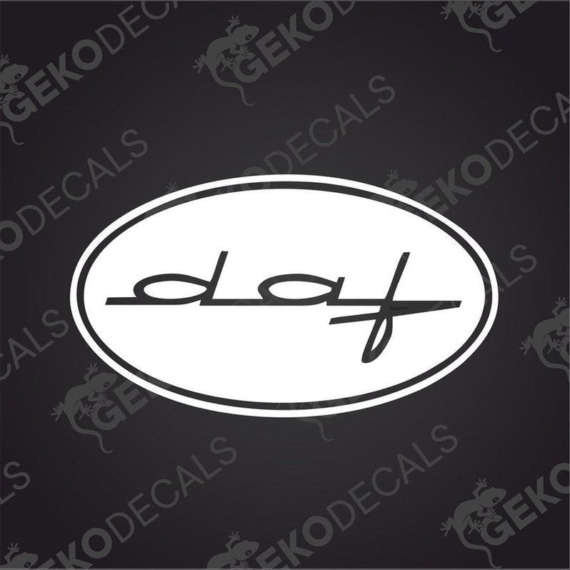 A black and white decal of the DAF logo, which is a circular border with the DAF text and branding inside.
