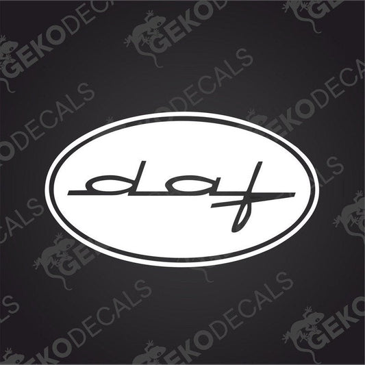 A black and white decal of the DAF logo, which is a circular border with the DAF text and branding inside.