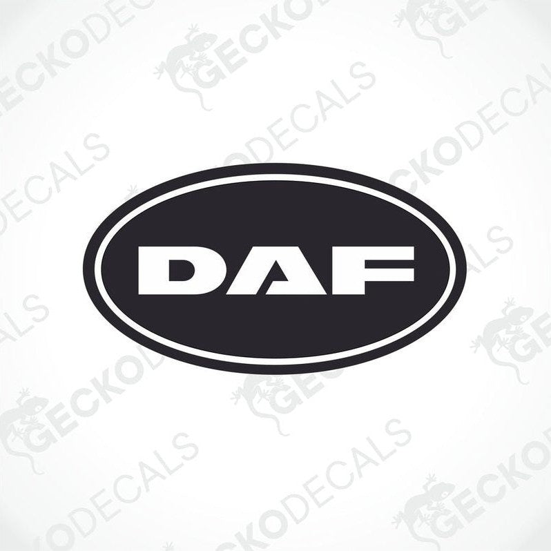 A black and white logo of DAF, which is a truck decal.