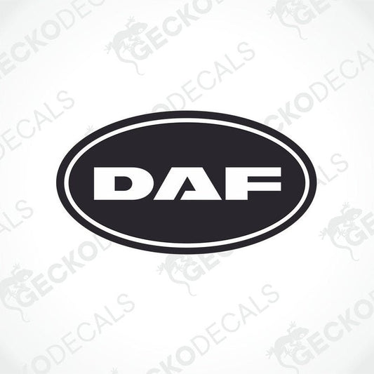 A black and white logo of DAF, which is a truck decal.