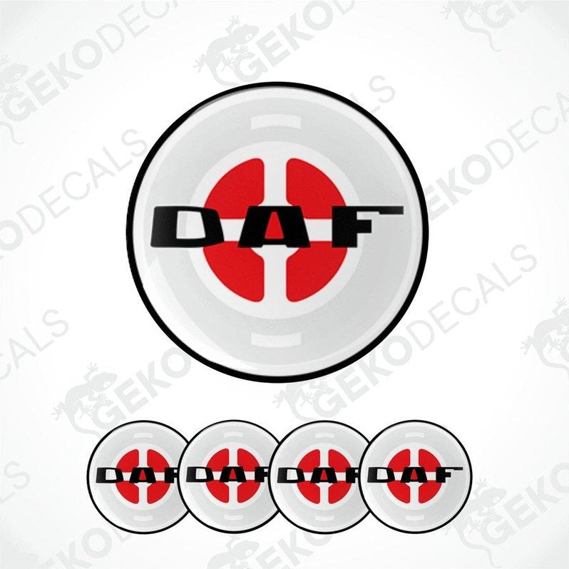 A set of four round decals with the letter 'DAF' in red on a white background, designed for vehicle wheels.