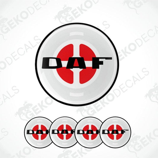 A set of four round decals with the letter 'DAF' in red on a white background, designed for vehicle wheels.