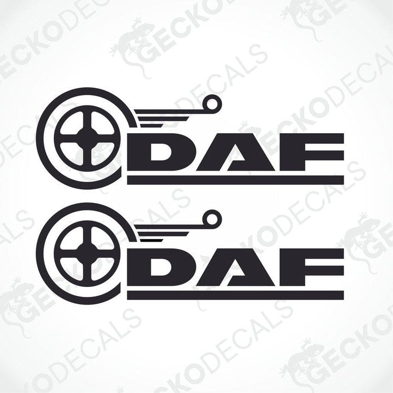 Two black decals with the DAF logo, designed for use on a vehicle.