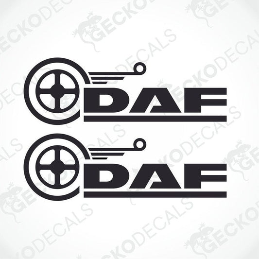 Two black decals with the DAF logo, designed for use on a vehicle.