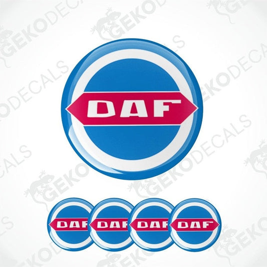 A set of four blue vinyl stickers with the DAF logo in white.