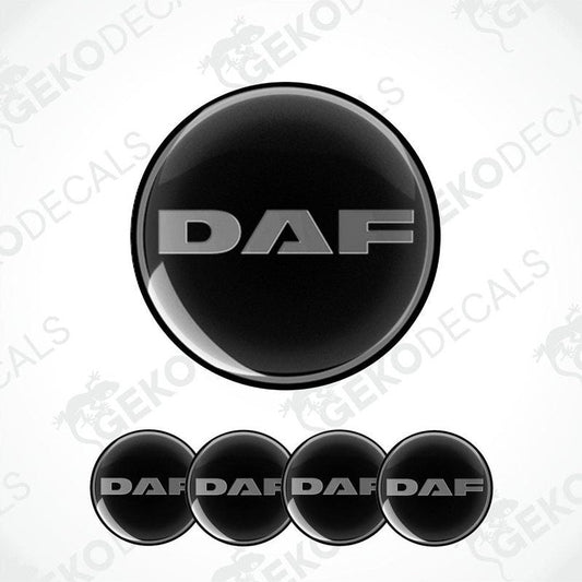 A set of black vinyl decals with the 'DAF' logo displayed prominently in the center decal, with four additional decal domes shown below.