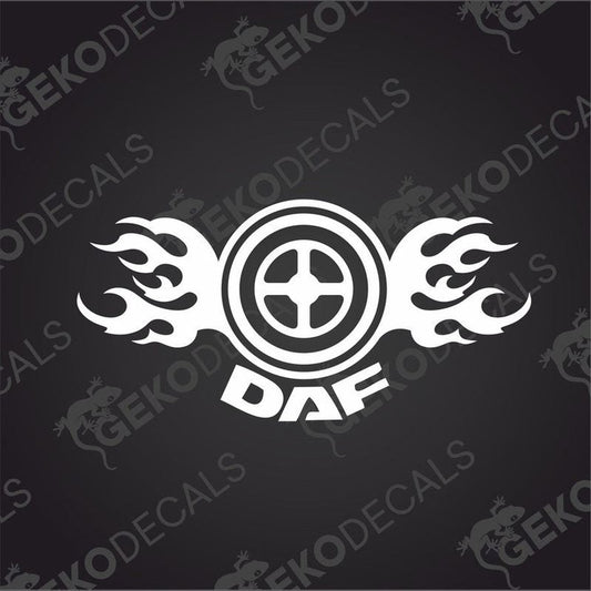A black and white image of a die cut decal featuring the DAF logo with flame designs around it, intended for use on vehicles.