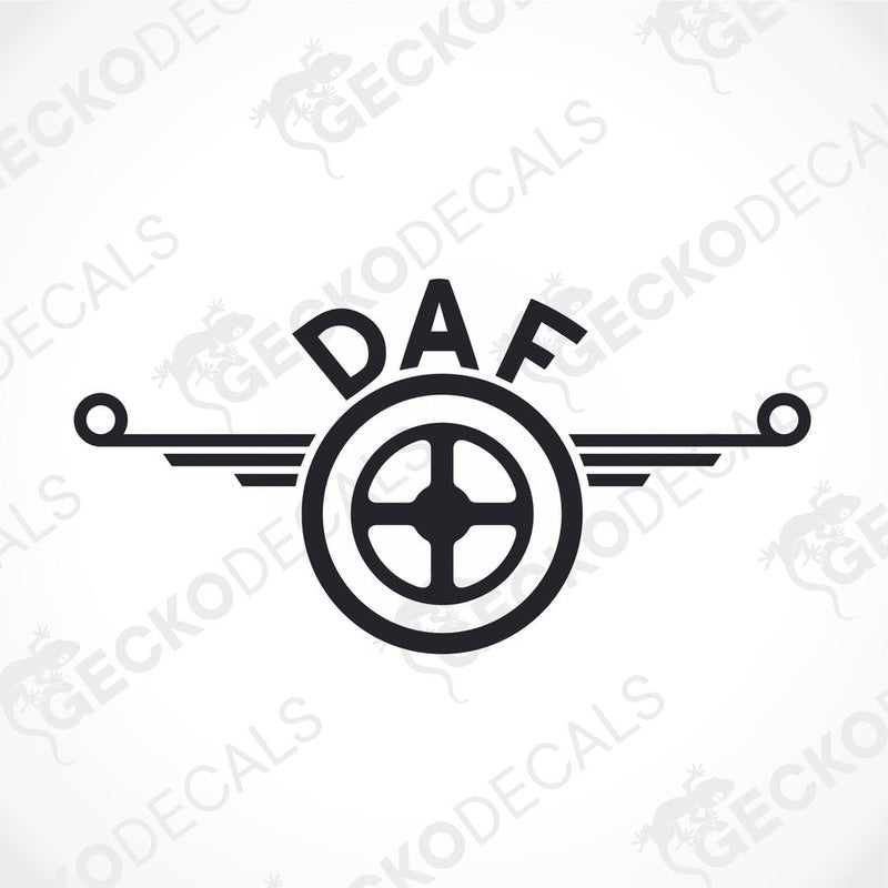 A black and white decal featuring the DAF logo with a wheel and wings design.
