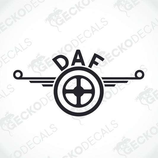 A black and white decal featuring the DAF logo with a wheel and wings design.