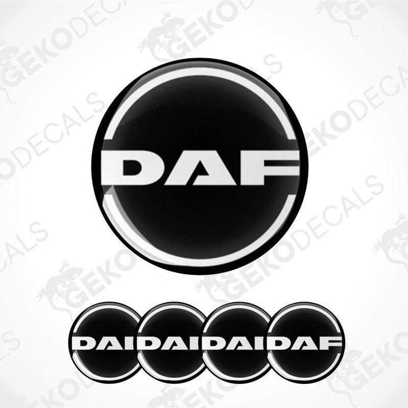 A set of black vinyl decals with the DAF logo, designed for use on vehicle wheels.