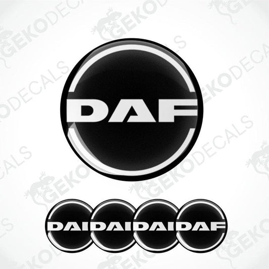 A set of black vinyl decals with the DAF logo, designed for use on vehicle wheels.