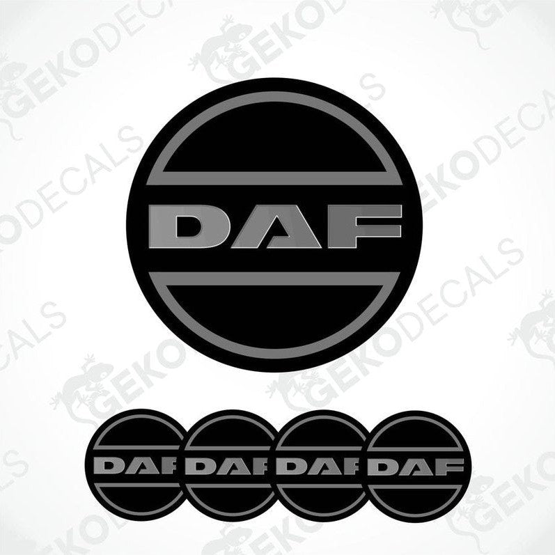 A set of black vinyl decals with the 'DAF' logo, intended for use on vehicle wheels.