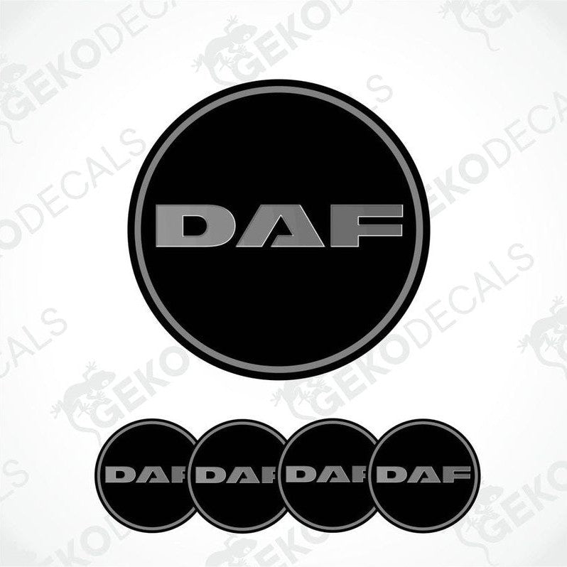 A set of black vinyl decals with the 'DAF' logo displayed prominently in the center decal, with four additional decal domes shown below.