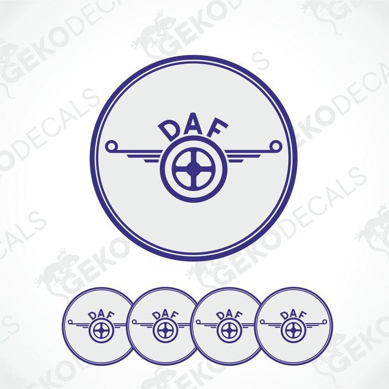 A set of four blue vinyl stickers with a white 'DAF' logo, designed for use on vehicle wheel caps.
