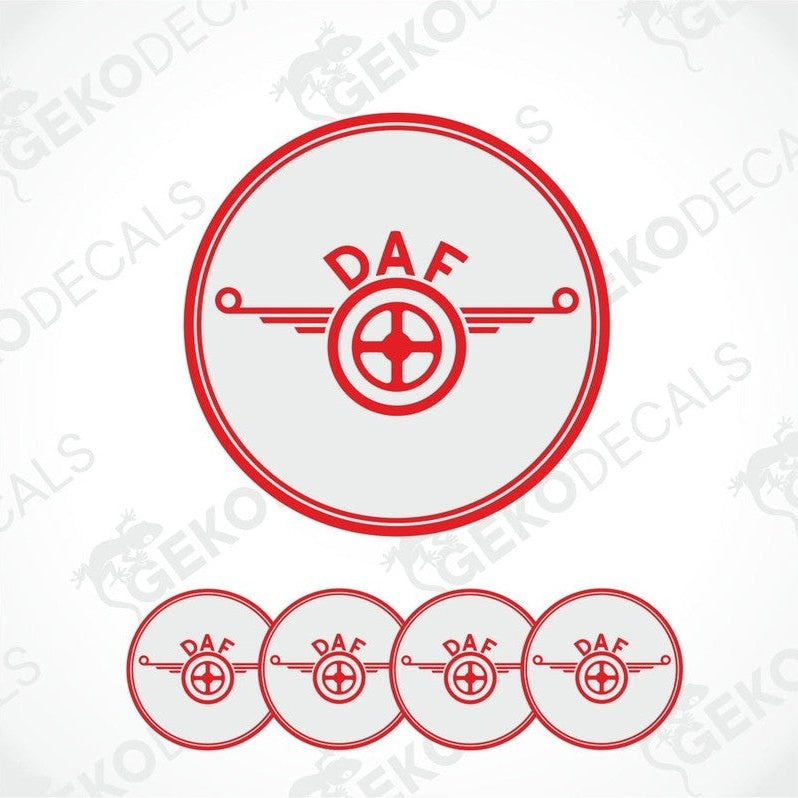 A set of four white vinyl decals with the  red DAF logo in center.