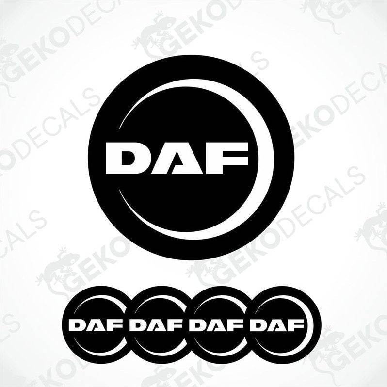 A set of black vinyl decals with the 'DAF' logo in white, including four different designs featuring variations of the logo.