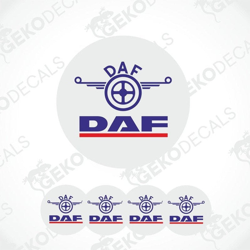 Set of four white decals, each with the DAF logo. The decals are dome-shaped and are designed for use on vehicle wheel arches.