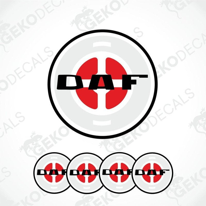 A set of four round decals with the letter 'DAF' in red on a white background, designed for vehicle wheels.